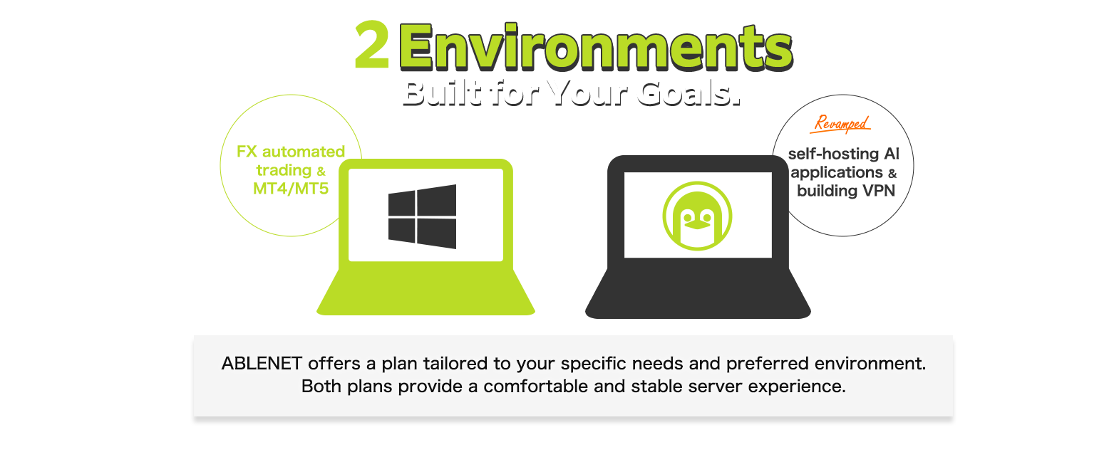 2Environments Built for Your Goals.Windows:FX automated trading&MT4/MT5|Linux:Revamped!self-hosting AI applications & building VPN|ABLENET offers a plan tailored to your specific needs and preferred environment.Both plans provide a comfortable and stable server experience.